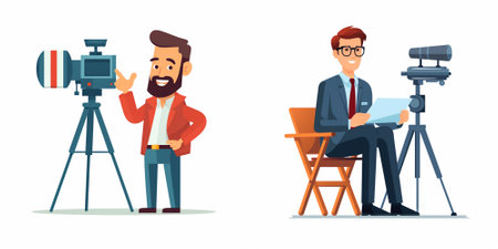 Journalist with camera, reporter with microphone and reporter with camera vector illustration