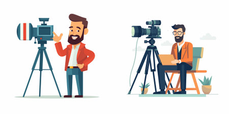 Photographer and cameraman with camera and tripod. Cameraman or videographer in front of camera....