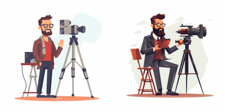 Photographer and cameraman with camera on tripod. Vector illustration in cartoon style