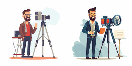 Photographer, videographer and cameraman with camera. Vector flat illustration