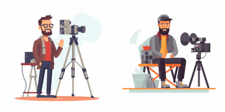 Photographer and cameraman with camera on tripod. Vector flat cartoon illustrationのイラスト素材