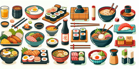 Japanese cuisine. Set of japanese food. Vector illustration in cartoon styleのイラスト素材