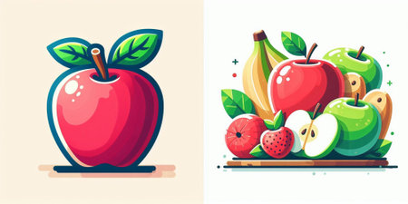 Fruit set of apple, pear, banana, strawberry, pear, apple. Vector illustration in flat styleのイラスト素材