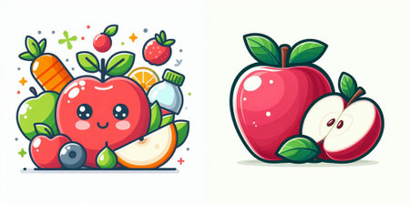 Fruit and vegetable cartoon characters. Vector illustration of apple, berry, carrot, orange, apple.のイラスト素材