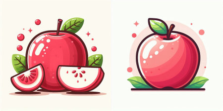 Set of red apples with leaves and slice. Vector illustration in cartoon style.のイラスト素材