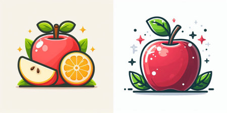 Red apple with slice of orange and green leaves. Vector illustration.のイラスト素材