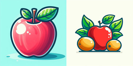 Red apple and cherries in cartoon style. Vector illustration of fruit.のイラスト素材