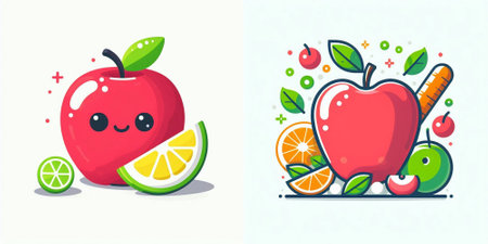 Funny apple fruit character. Vector flat cartoon style illustration icon designのイラスト素材