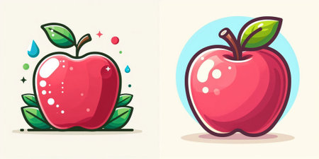 Red apple with leaves and drops of water. Vector illustration in cartoon style.のイラスト素材