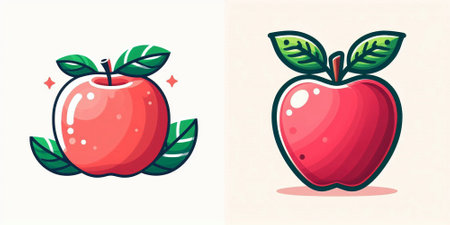 Red apple and green leaves. Vector illustration isolated on white background.のイラスト素材
