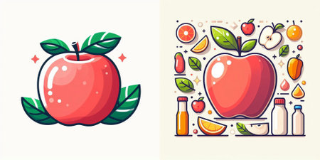 Apple and juice icons set, vector illustration in flat style. Healthy food concept.のイラスト素材