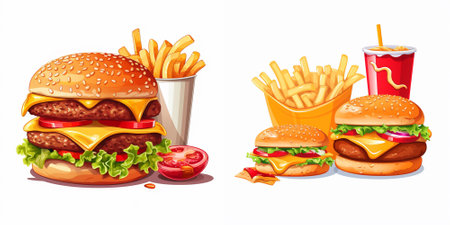 Illustration of a hamburger, fries and cola on a white backgroundのイラスト素材