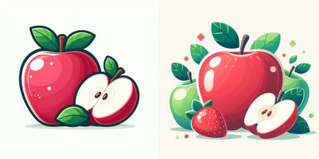 Red apple and green apple with leaves on white background. Vector illustration.のイラスト素材
