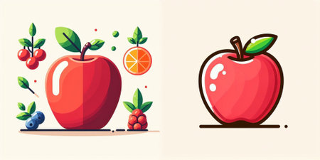 Red apple and blueberry. Vector illustration in flat cartoon style.のイラスト素材
