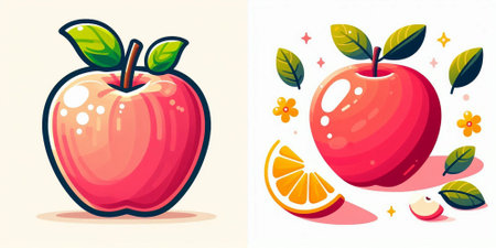 Vector illustration of red apple with leafs, orange and flower.のイラスト素材