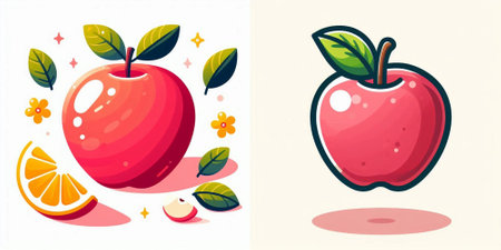 Red apple, orange and flower. Vector illustration in cartoon style.のイラスト素材