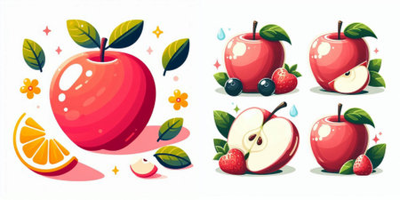 Set of red apples and berries. Vector illustration in cartoon style.のイラスト素材
