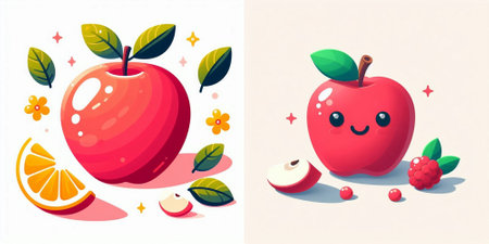 Fruit cartoon set. Red apple, orange, raspberry and leaf. Vector illustrationのイラスト素材