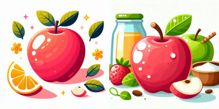Apple juice and fresh fruits. Healthy food concept. Vector illustration in cartoon styleのイラスト素材