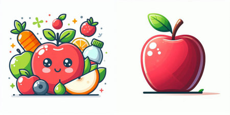 Fruits and vegetables, apple, carrot, orange, strawberry, cherry, banana, apple vector illustrationのイラスト素材