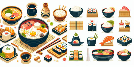 Japanese food isometric icons set with sushi and rolls isolated vector illustrationのイラスト素材