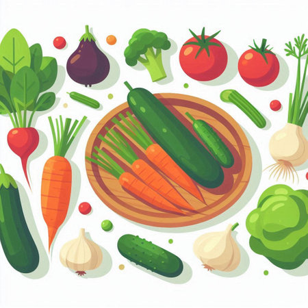 Vegetables on a plate. Vector illustration in flat style.のイラスト素材