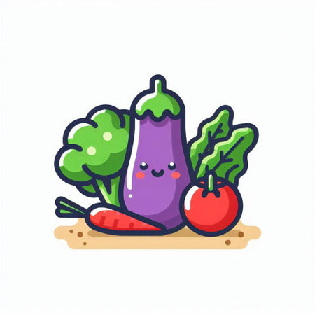 Vegetable character. Cute eggplant, carrot, tomato. Vector illustrationのイラスト素材