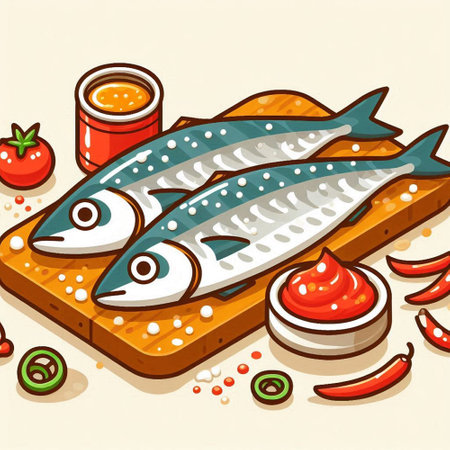 Sardines on a wooden board with tomato sauce. Vector illustration.のイラスト素材
