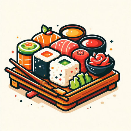 Sushi rolls with chopsticks and soy sauce. Vector illustration.のイラスト素材