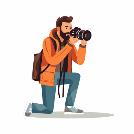 Hipster photographer with camera in hands. Vector illustration in cartoon styleのイラスト素材
