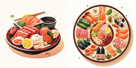 Japanese food set. Sushi and rolls on plate. Vector illustrationのイラスト素材