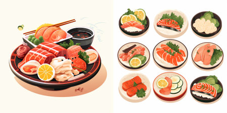 Japanese food. Sashimi, salmon, eel, rice, vegetables and sauce. Vector illustration.のイラスト素材