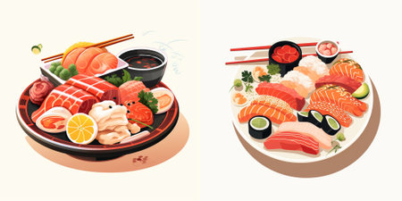 Japanese food vector illustration. Sashimi, sashimi, salmon, tuna, wasabi, ginger, wasabi, soy sauce.のイラスト素材
