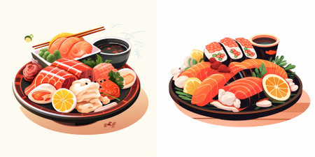Japanese food set. Sashimi, nigiri, nigiri, nigiri, salmon, tuna, eel, caviar, wasabi, ginger, soy sauce. Vector illustration.のイラスト素材