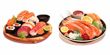 Illustration of Sushi Set with Salmon, Sashimi, Sashimi, Soy Sauce and Vegetablesのイラスト素材