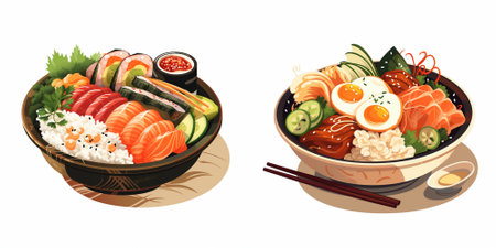 Japanese food. Sushi and rolls in a bowl. Vector illustrationのイラスト素材