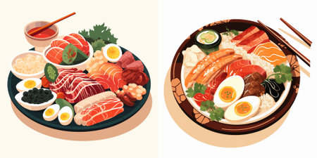 Set of Japanese food. Sashimi, salmon, tuna, eel, egg, rice, seaweed, soy sauce. Vector illustration.のイラスト素材
