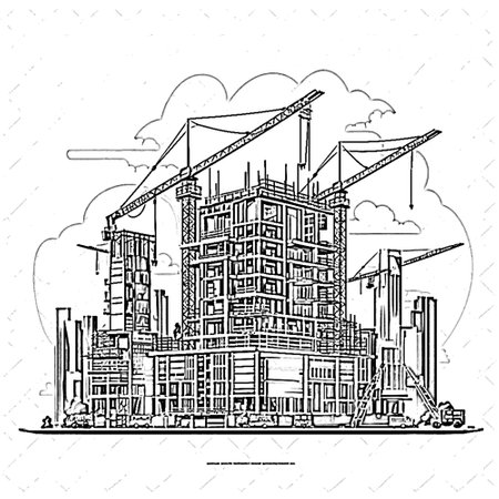Construction of a multi-storey building with cranes. Vector illustrationのイラスト素材
