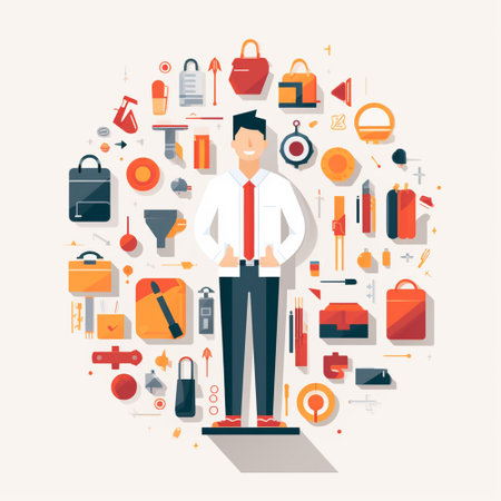 Flat design modern vector illustration concept of business and finance. Businessman standing in front of business icons.のイラスト素材
