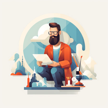 Flat design vector illustration of a man with a long beard in a red jacket and glasses reading a letter.のイラスト素材