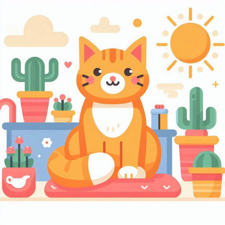 Cute cartoon cat sitting on yoga mat and meditating. Vector illustration.のイラスト素材