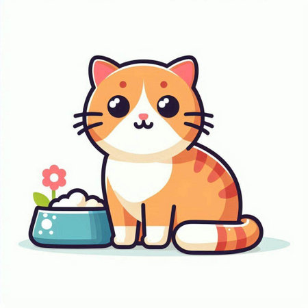 Cute cat with a bowl of food. Vector illustration in cartoon style.のイラスト素材