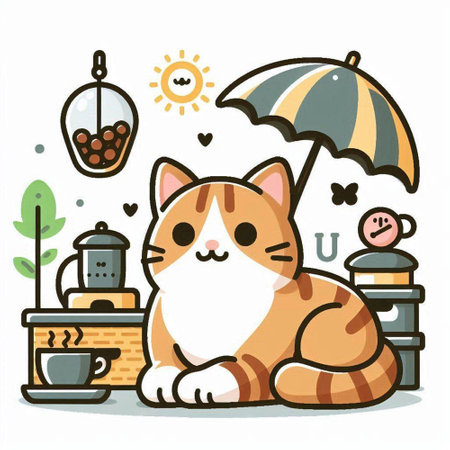 Cute cat with umbrella and coffee. Vector illustration in cartoon style.のイラスト素材