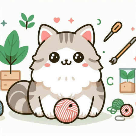 Cute cat with ball of yarn and tools. Vector illustration.のイラスト素材