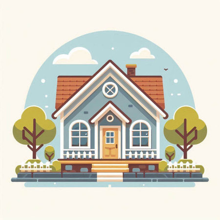 Vector illustration of a country house in flat style with trees and bushes.のイラスト素材