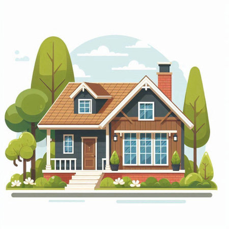 House with garden and lawn. Vector illustration in flat style. Cartoon style.のイラスト素材