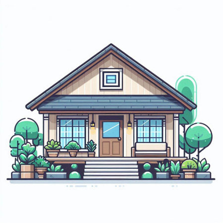 House in cartoon style. Vector illustration of a private house with a porch.のイラスト素材