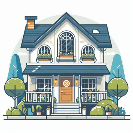 Vector illustration of a country house in flat style. Country house, front view.のイラスト素材