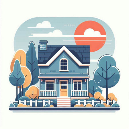 Vector illustration of a country house in the autumn season. Flat style.のイラスト素材