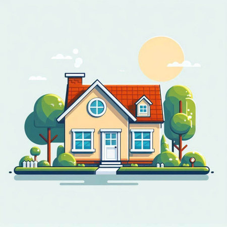 Vector illustration of house in flat style on the background of nature.のイラスト素材